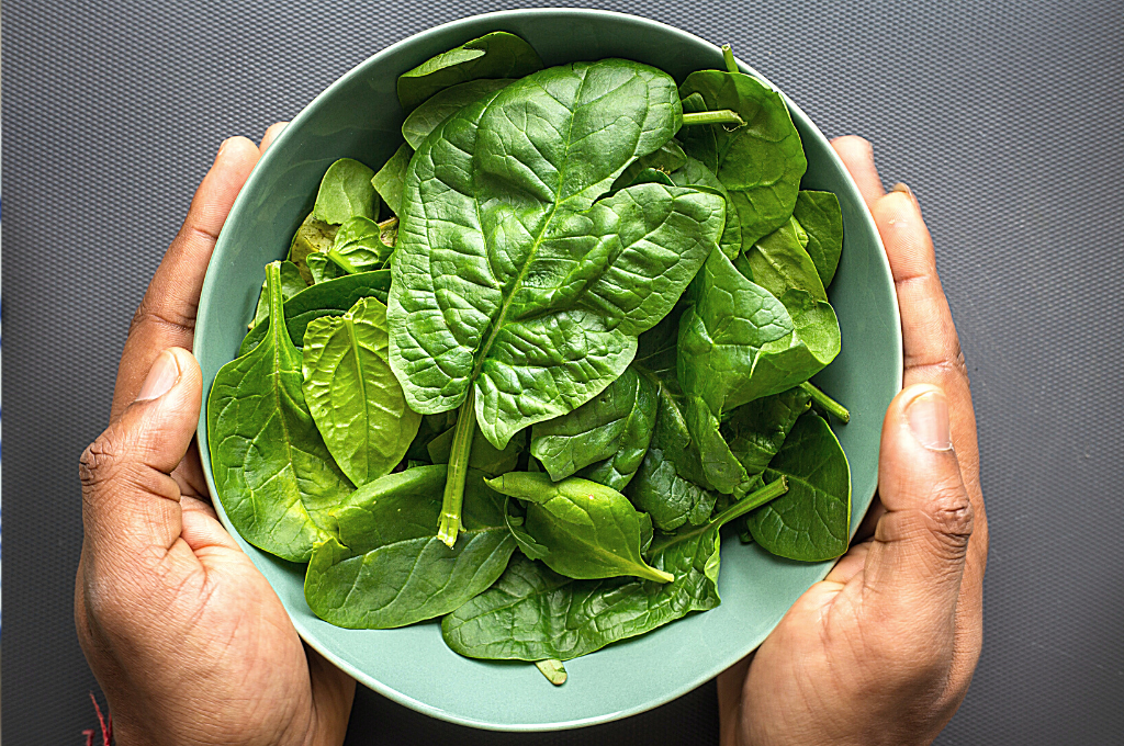Raw spinach, high in folate